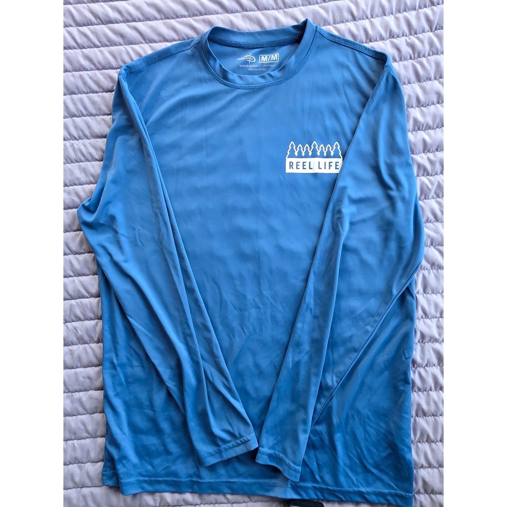 919 Reel Life Mens Blue Long Sleeve Performance Fishing Shirt Adventu Awaits Med